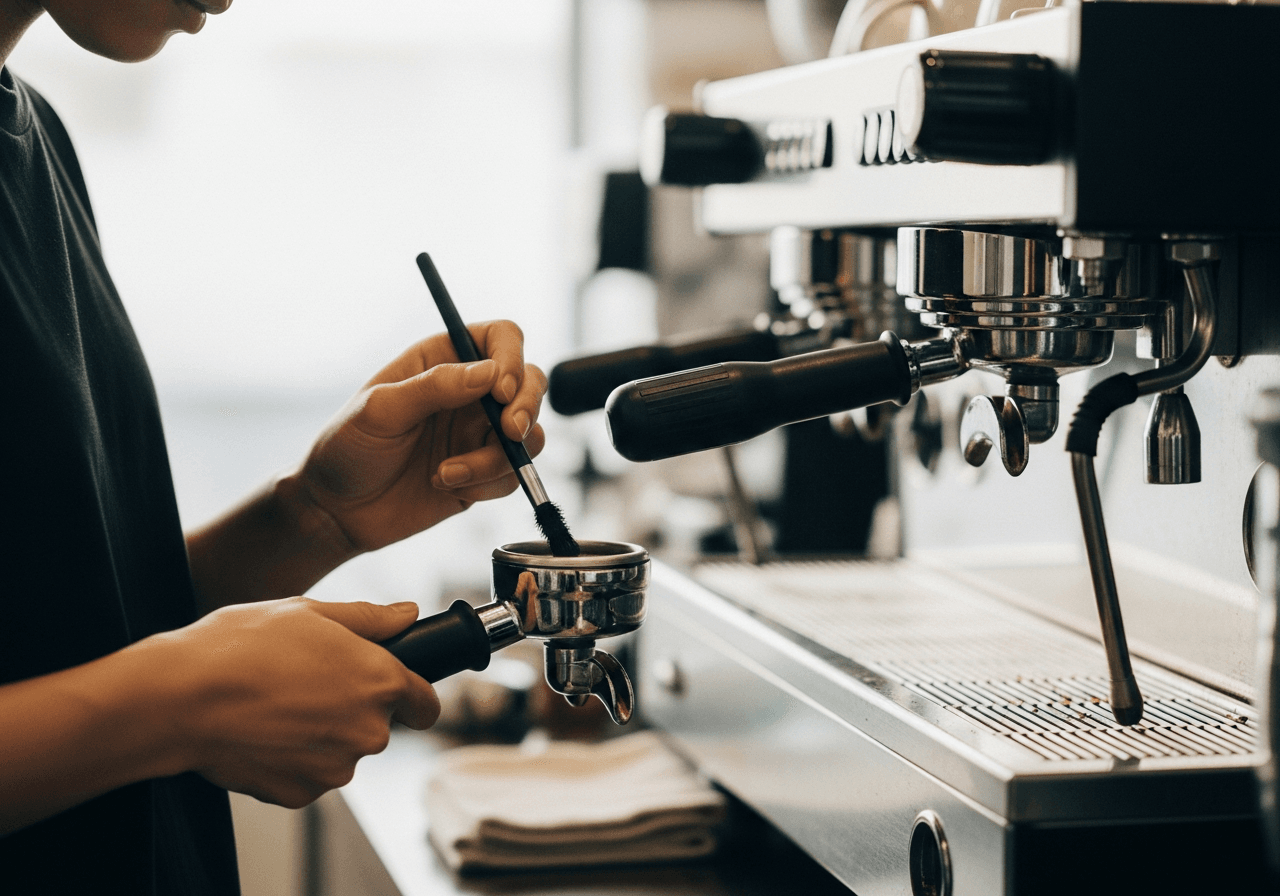 Barista cleaning a portafilter with a brush, espresso machine in the background, soft light