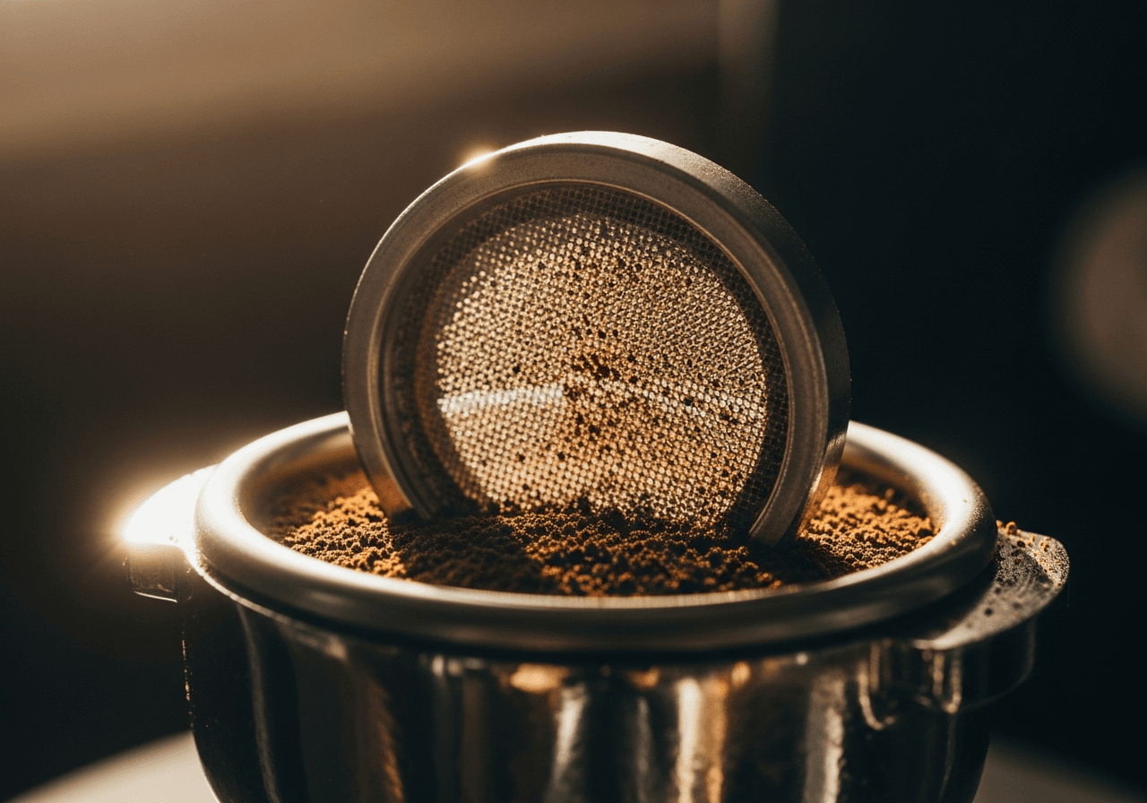 Close-up of a puck screen on top of coffee grounds in a portafilter, light shining through, revealing the texture of the coffee