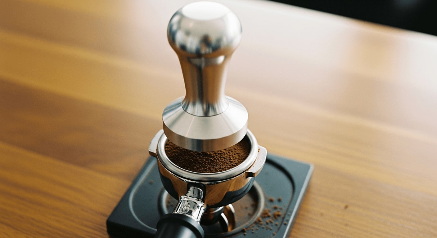 Draufsicht auf Espresso-Tamper und Siebträger gefüllt mit Kaffeemehl auf Holztheke