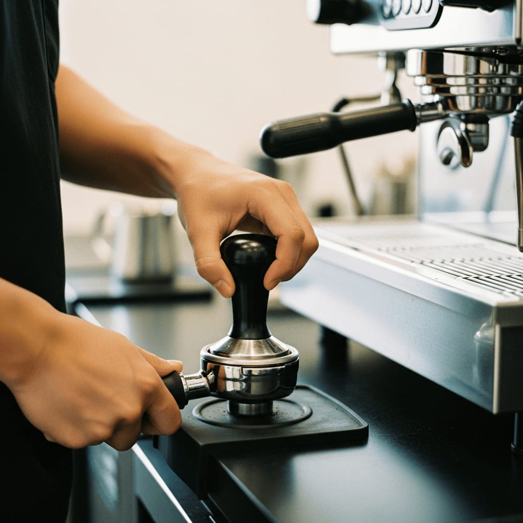Ein Barista benutzt eine Tampermatte, um Kaffeemehl in einem Siebträger anzudrücken, mit einer Edelstahl-Espressomaschine im Hintergrund.