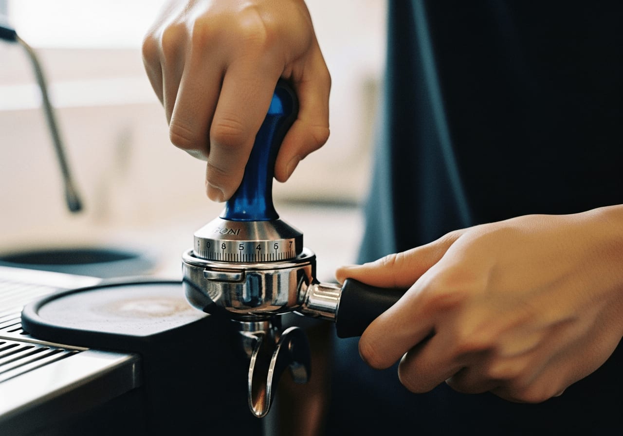 Nahaufnahme von Barista-Händen, die Kaffee mit einem kalibrierten Tamper andrücken