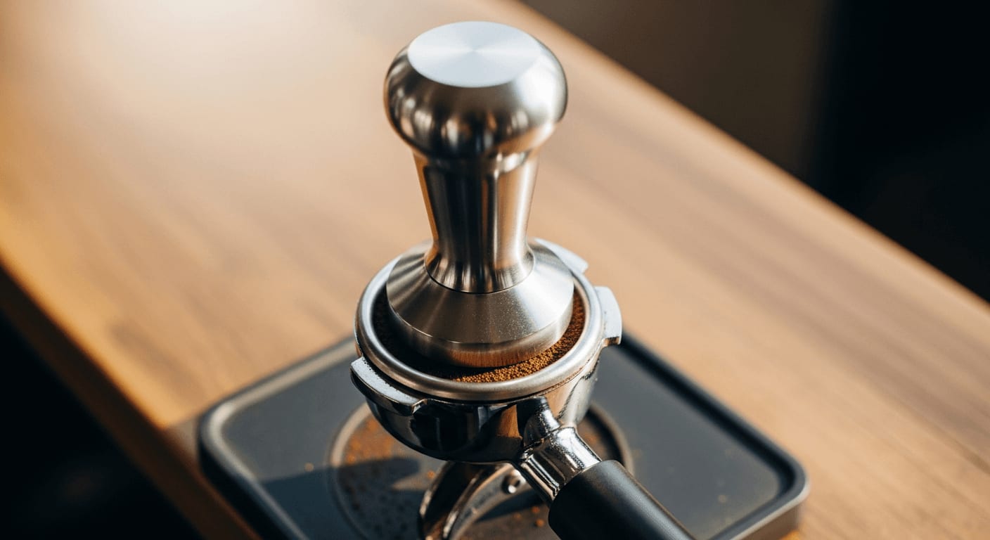 Draufsicht auf Espresso-Tamper und Siebträger gefüllt mit Kaffeemehl auf Holztheke