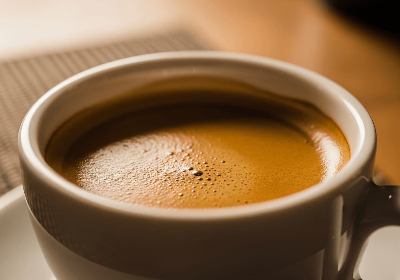Nahaufnahme einer Tasse Espresso mit perfekter Crema, weiche Beleuchtung