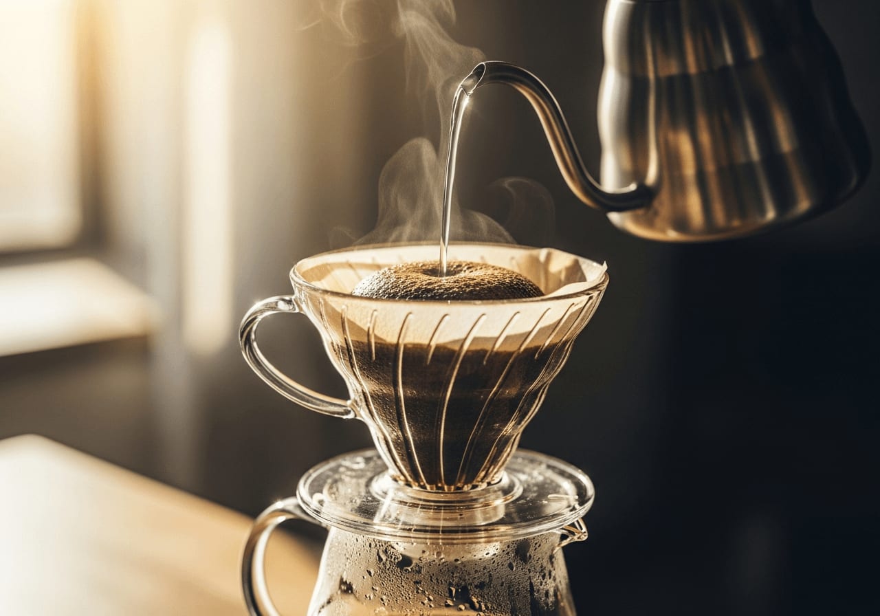 Pour-Over Kaffee wird mit einem Glasfilter zubereitet, natürliches Sonnenlicht