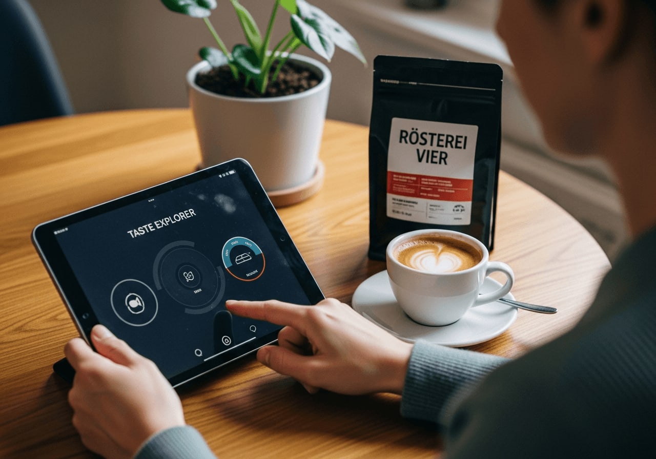 Eine Person, die den Taste Explorer auf einem Tablet benutzt, während sie an einem Kaffeetisch mit einer Tasse Kaffee und einer Tüte Rösterei Vier Kaffee sitzt