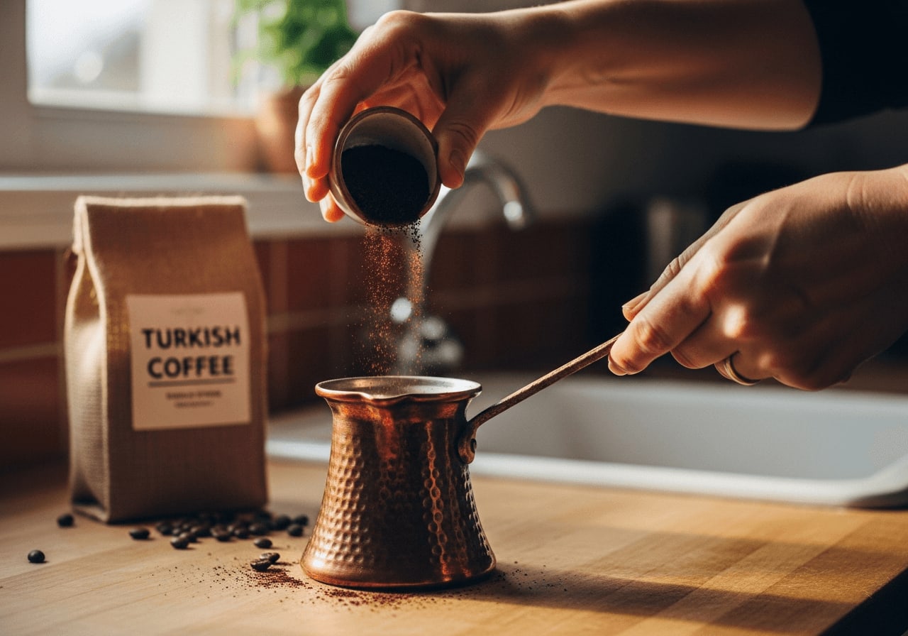 Hands pouring finely ground Turkish coffee into a copper Cezve, a bag of Turkish coffee beans in the background, warm kitchen light