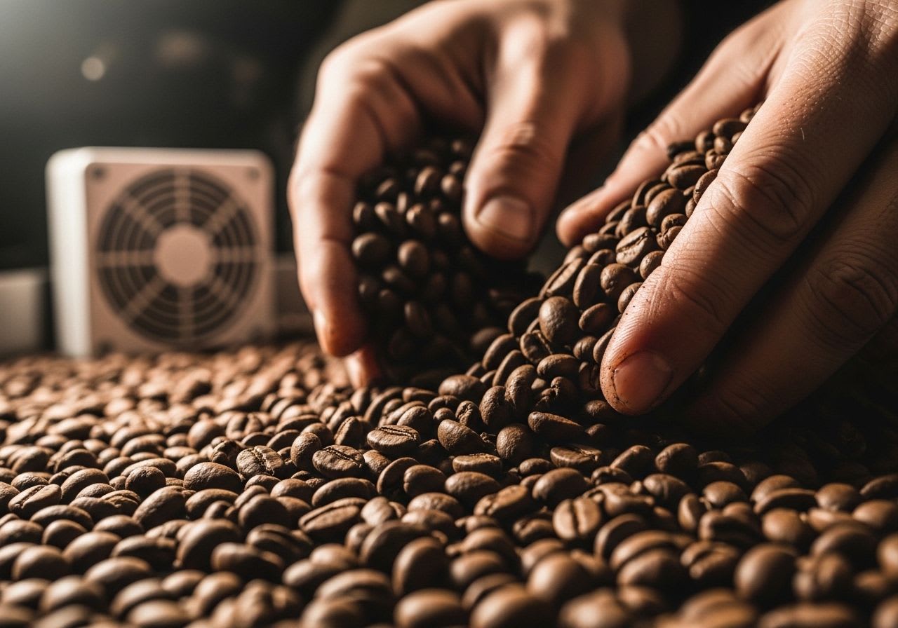 Hände prüfen sorgfältig geröstete Kaffeebohnen in einer kleinen Rösterei, mit Kühler im Hintergrund, für die hochwertige Tasse.