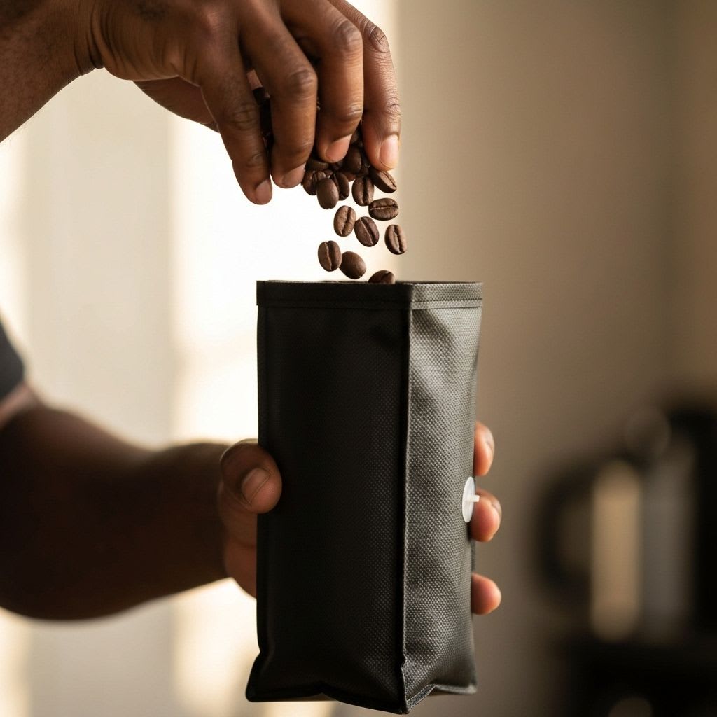 Kaffeebohnen werden in einen Aromaschutzbeutel mit Ventil gefüllt, wichtig für die Lagerung und den Genuss der Tasse.