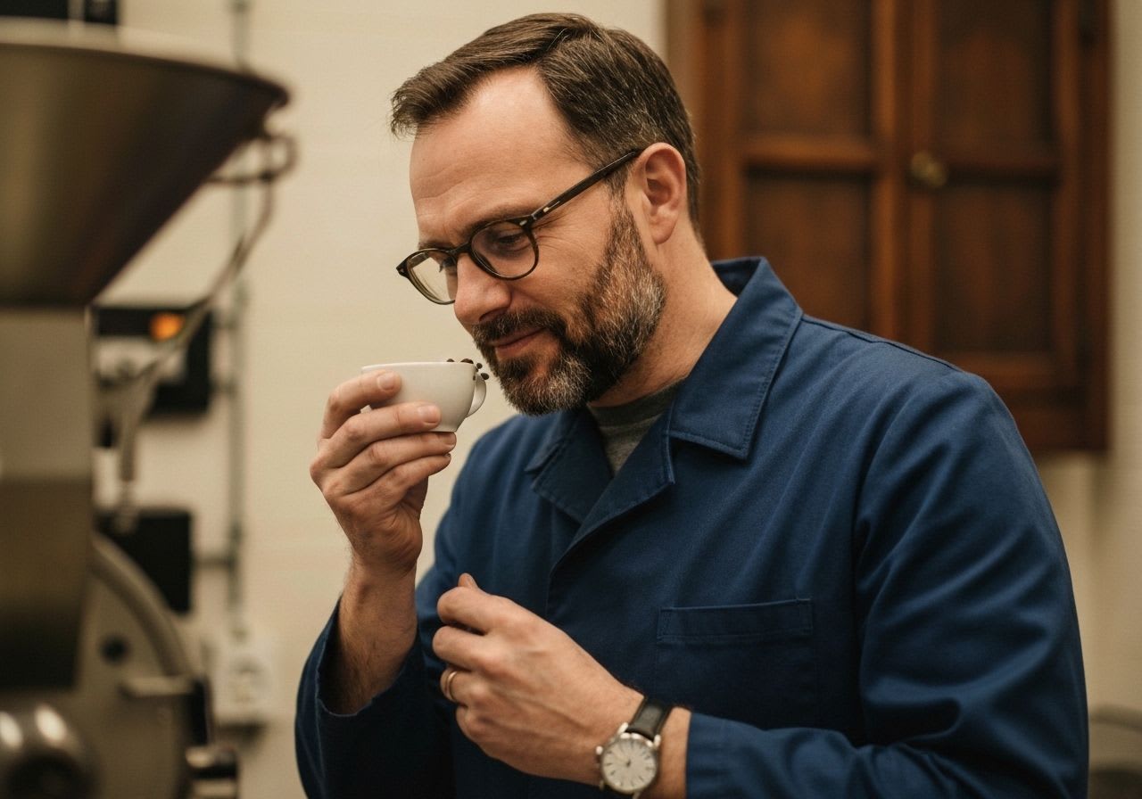 Ein erfahrener Röstmeister probiert mit einem Cupping-Löffel frisch geröstete Kaffeebohnen, essenziell für die hochwertige Tasse in kleinen Röstereien.