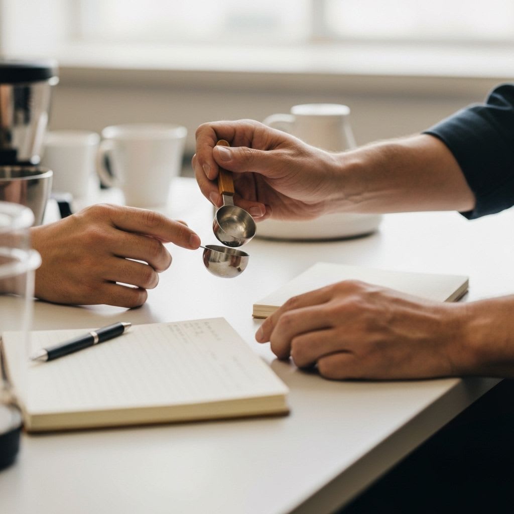 Hände beim Cupping von Kaffee, Notizen werden in einem Journal festgehalten, ein entscheidender Schritt für die hochwertige Tasse in kleinen Röstereien.