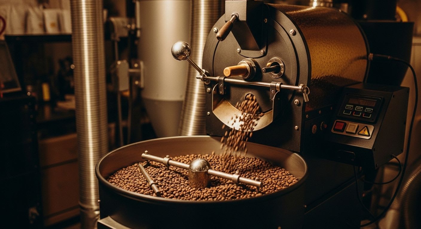 Ein handwerklicher Trommelröster in Aktion, der frisch gerösteten Spezialitätenkaffee in kleinen Röstereien für die Tasse vorbereitet.