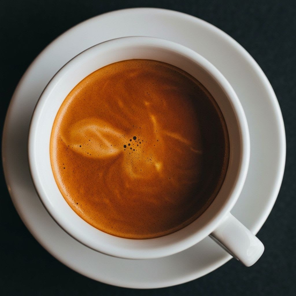Aufnahme eines perfekt extrahierten Espressos mit dichter, haselnussbrauner Crema in einer weißen Tasse als Basis für Latte Art.