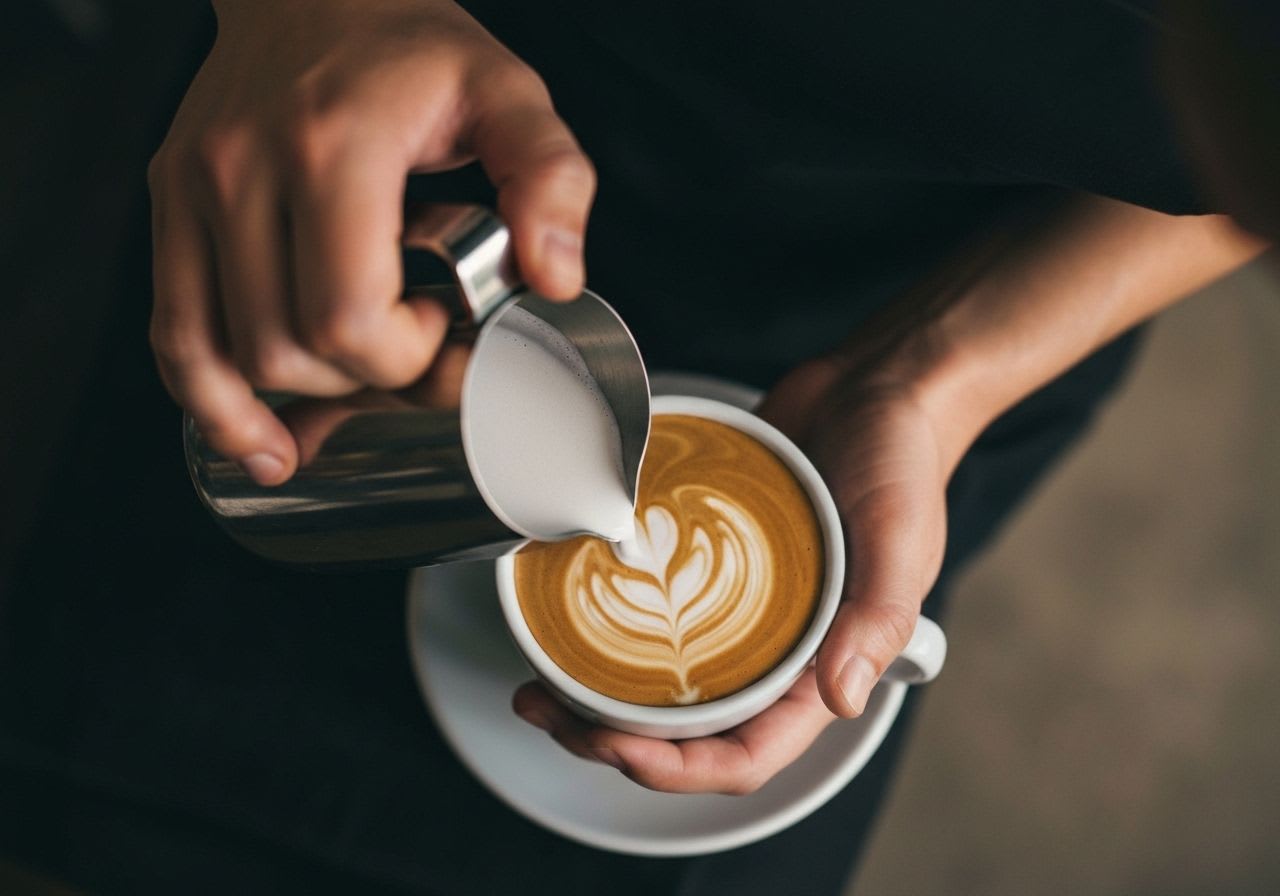 Draufsicht auf Barista-Hände, die Milch mit präziser Gießtechnik in Espresso gießen, um Latte Art Muster zu erzeugen.