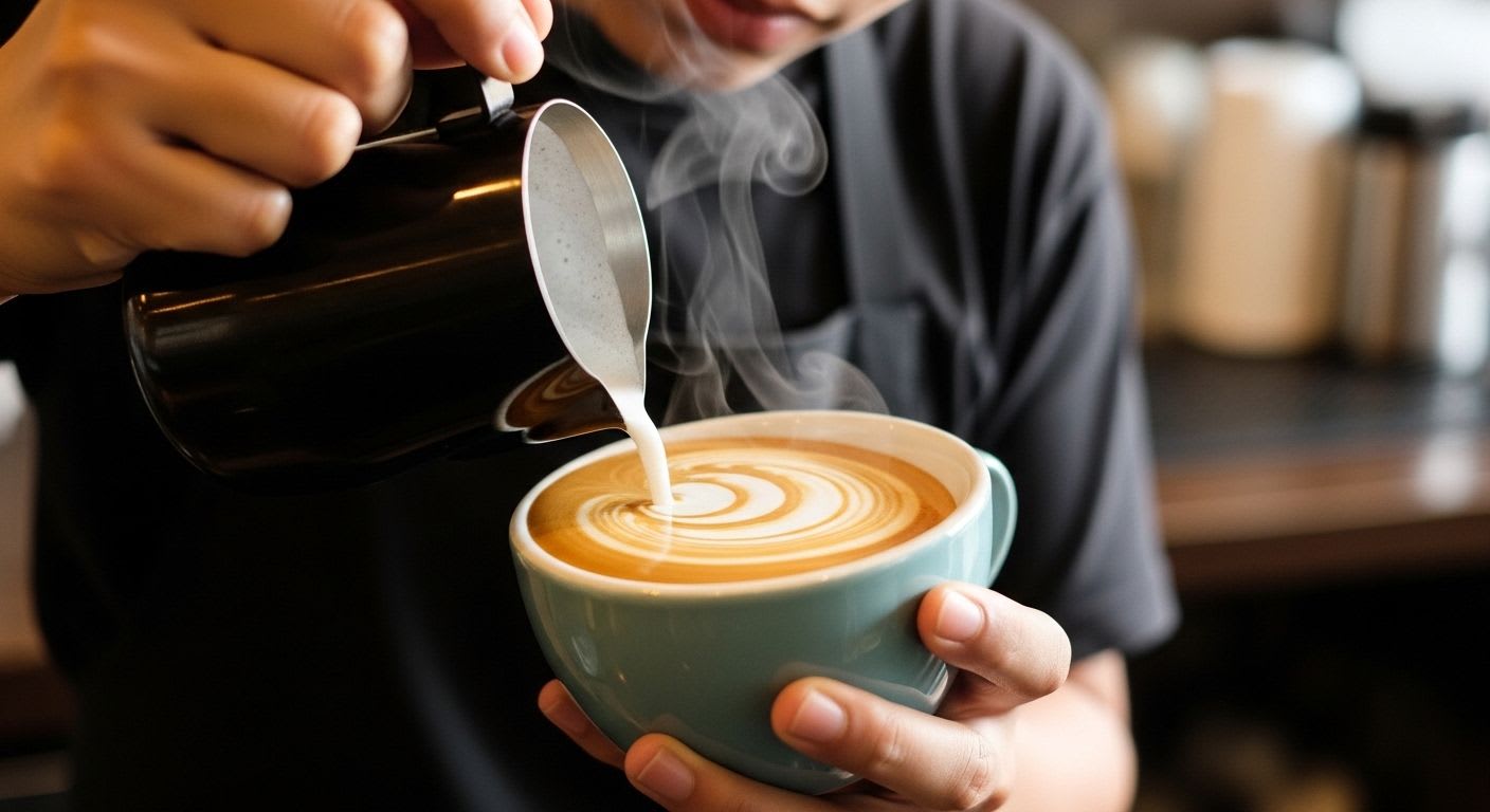 Barista-Hände beim präzisen Eingießen von Milchschaum in eine Espressotasse, um eine perfekte Rosette zu formen und Latte Art Fehler zu vermeiden.