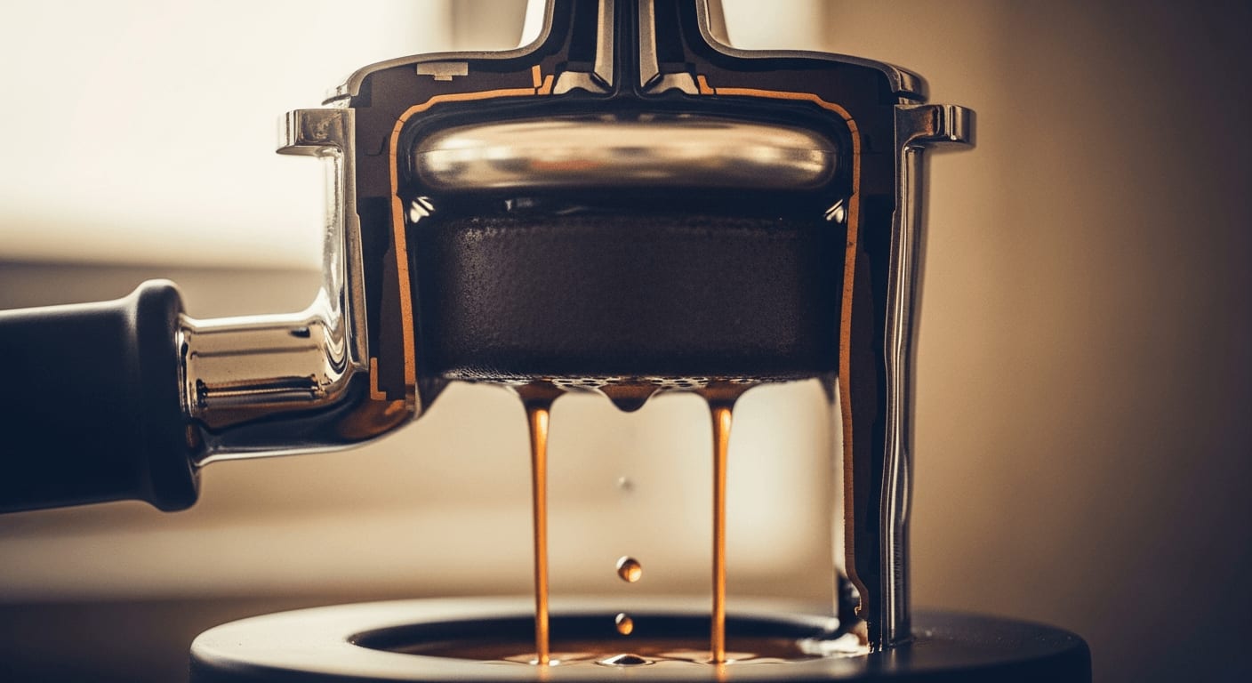 Querschnitt eines Siebträgers: Wasser komprimiert den Kaffeepuck mit dem perfekten 9-Bar-Druck für echten Espresso.