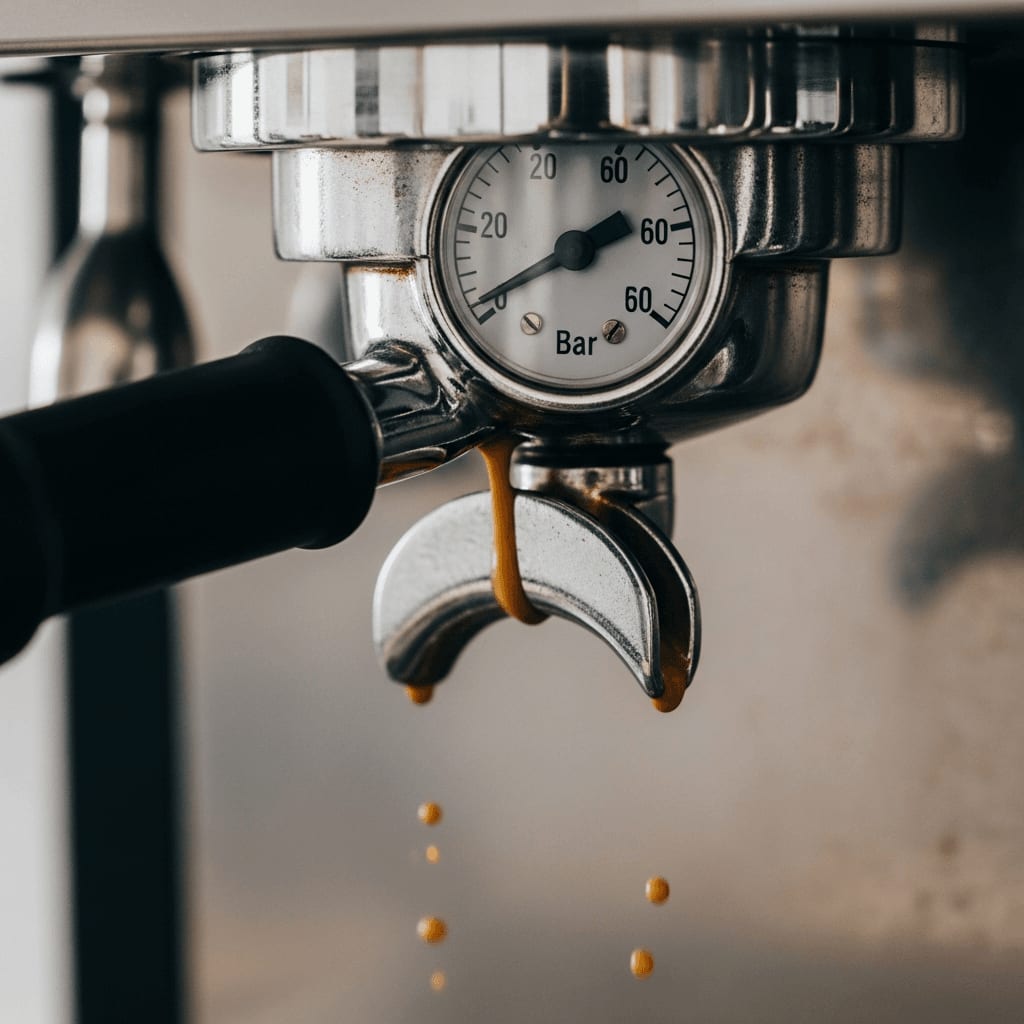 Die Druckanzeige der Espressomaschine zeigt exakt 9-Bar-Druck an, während ein dicker, goldener Espresso in die Tasse fließt.