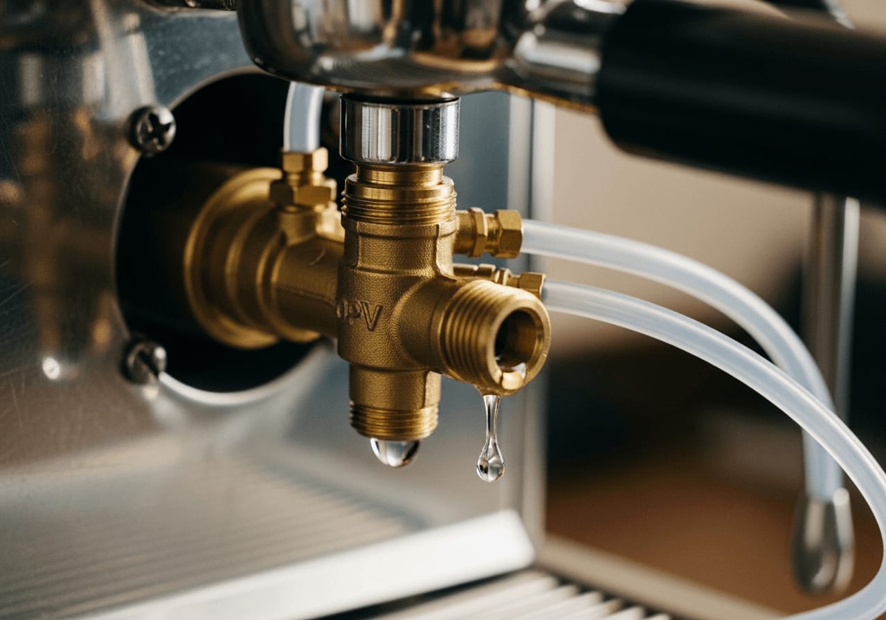 Nahaufnahme eines messingfarbenen Expansionsventils im Inneren einer Espressomaschine zur Regulierung auf 9-Bar-Druck.