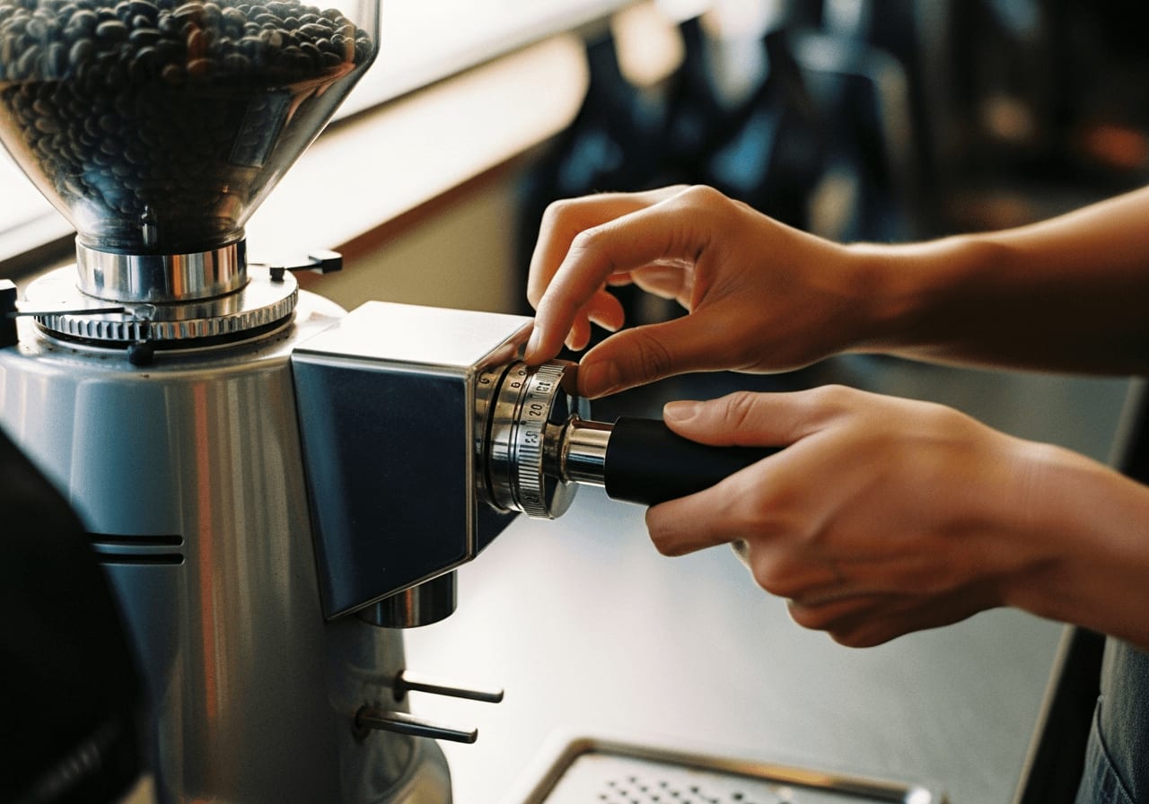 Barista justiert eine professionelle Gastronomie-Kaffeemühle für die optimale Extraktion mit konstanter Rotationspumpe.