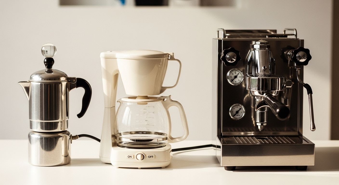 Historische Entwicklung der Kaffeemaschinen, von einem Vintage-Perkolator über eine Filtermaschine bis zur modernen Espressomaschine.
