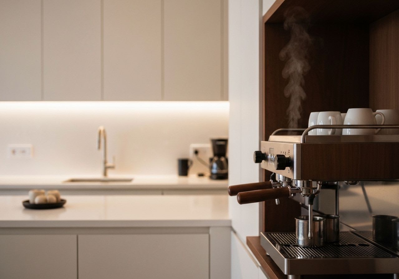 Eine klassische Filterkaffeemaschine beim Brühen von frischem Kaffee, Dampf steigt sanft auf, als wichtiger Kaffeemaschinentyp.