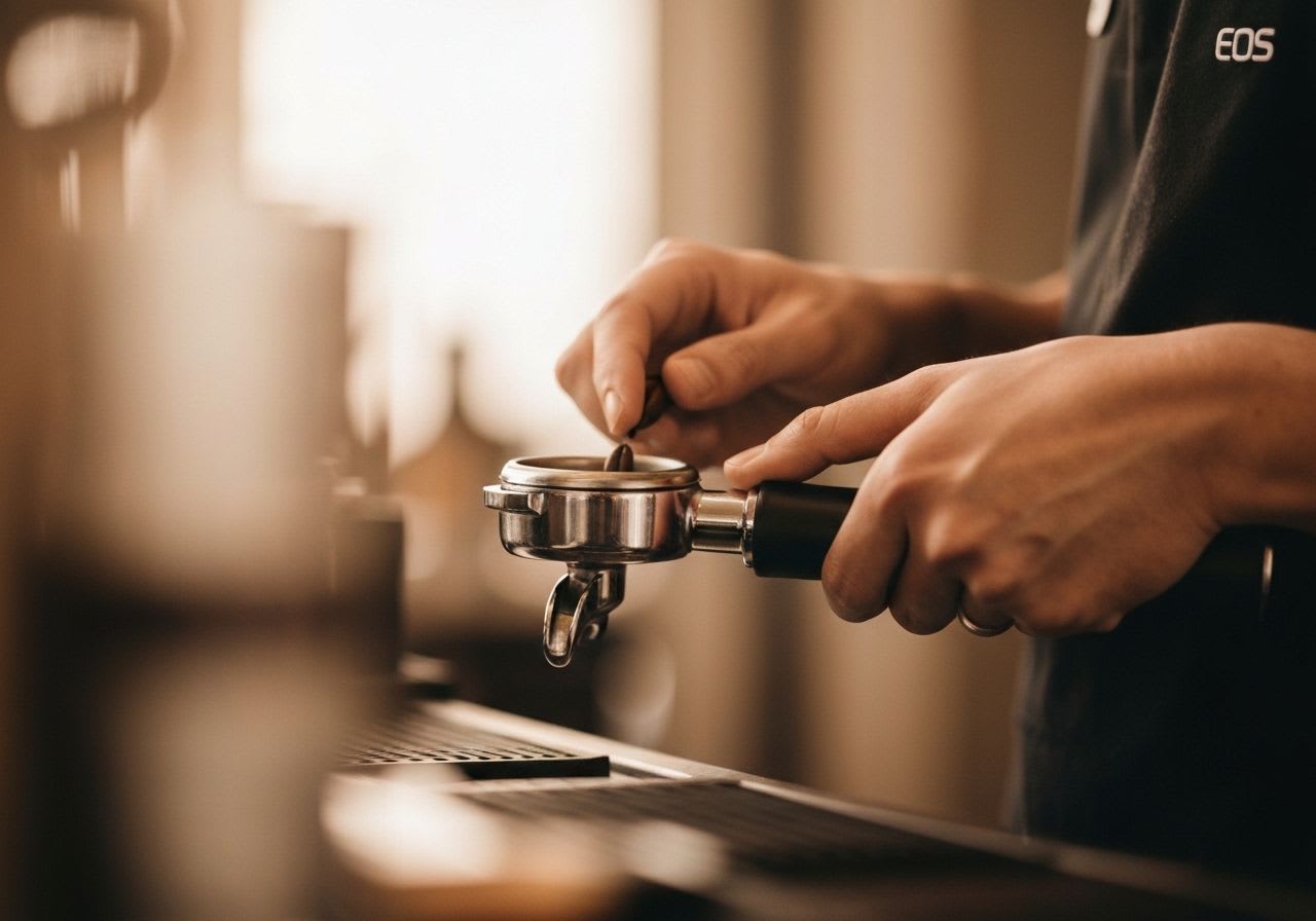Hände eines Barista beim Tampern von Kaffee in den Siebträger einer professionellen Espressomaschine, ein Haupt-Kaffeemaschinentyp.