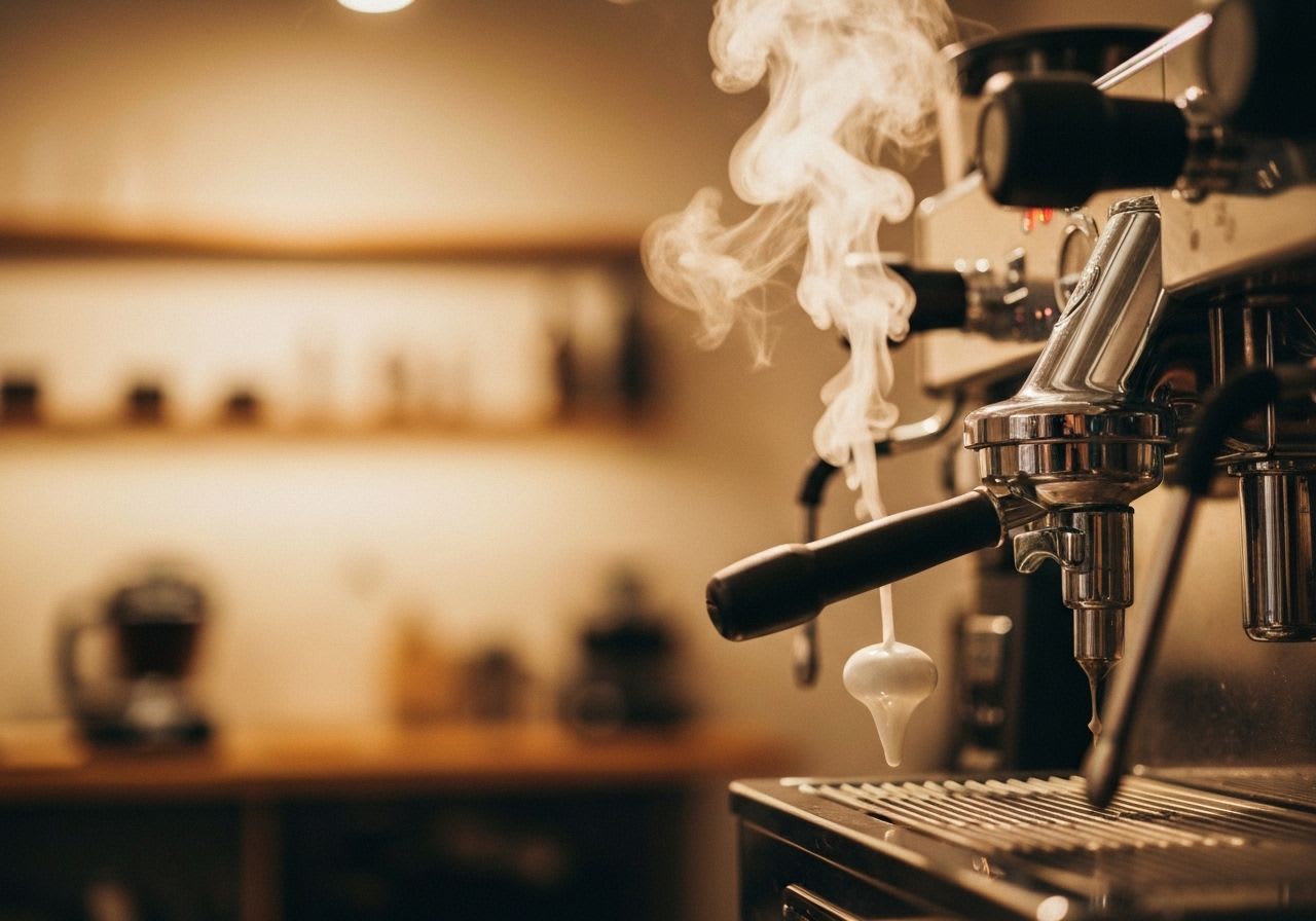 Eine moderne, elegante Kaffeevollautomat-Maschine bei der Zubereitung eines Latte Macchiato, als vielseitiger Kaffeemaschinentyp.