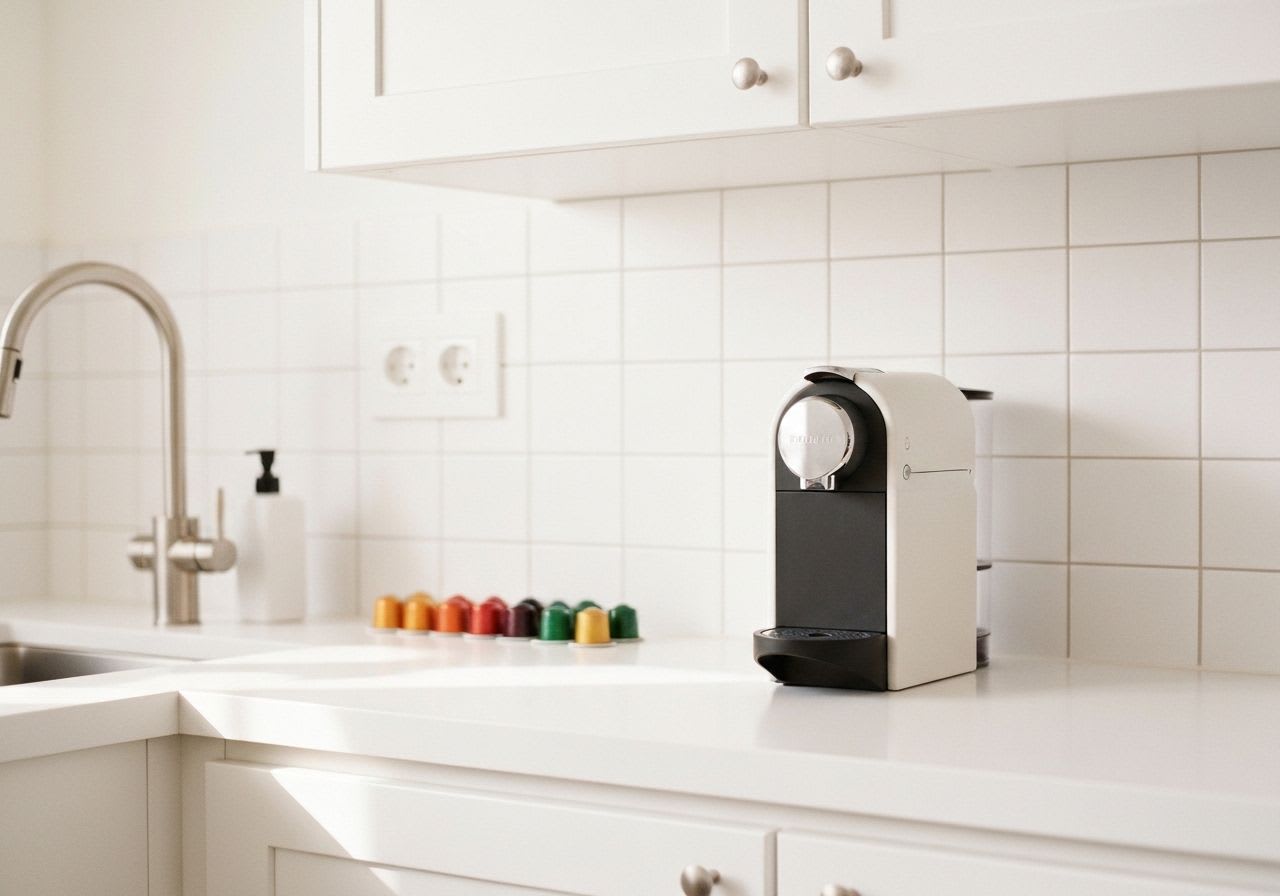 Eine Auswahl bunter Kaffeekapseln neben einer kompakten Kapselkaffeemaschine, die einen weiteren Kaffeemaschinentyp erklärt.