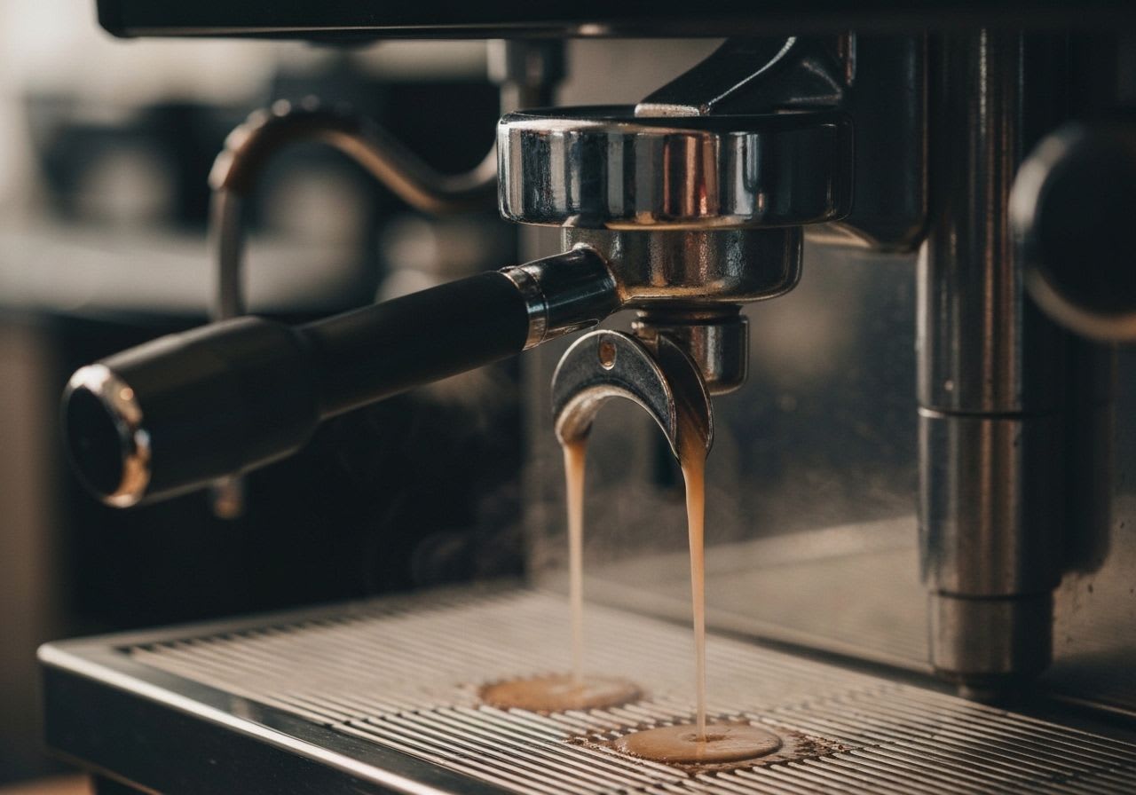 Nahaufnahme der Brühgruppe einer Espressomaschine, mit Wasserfluss durch den Siebträger, um die Funktion der Kaffeemaschine zu erklären.