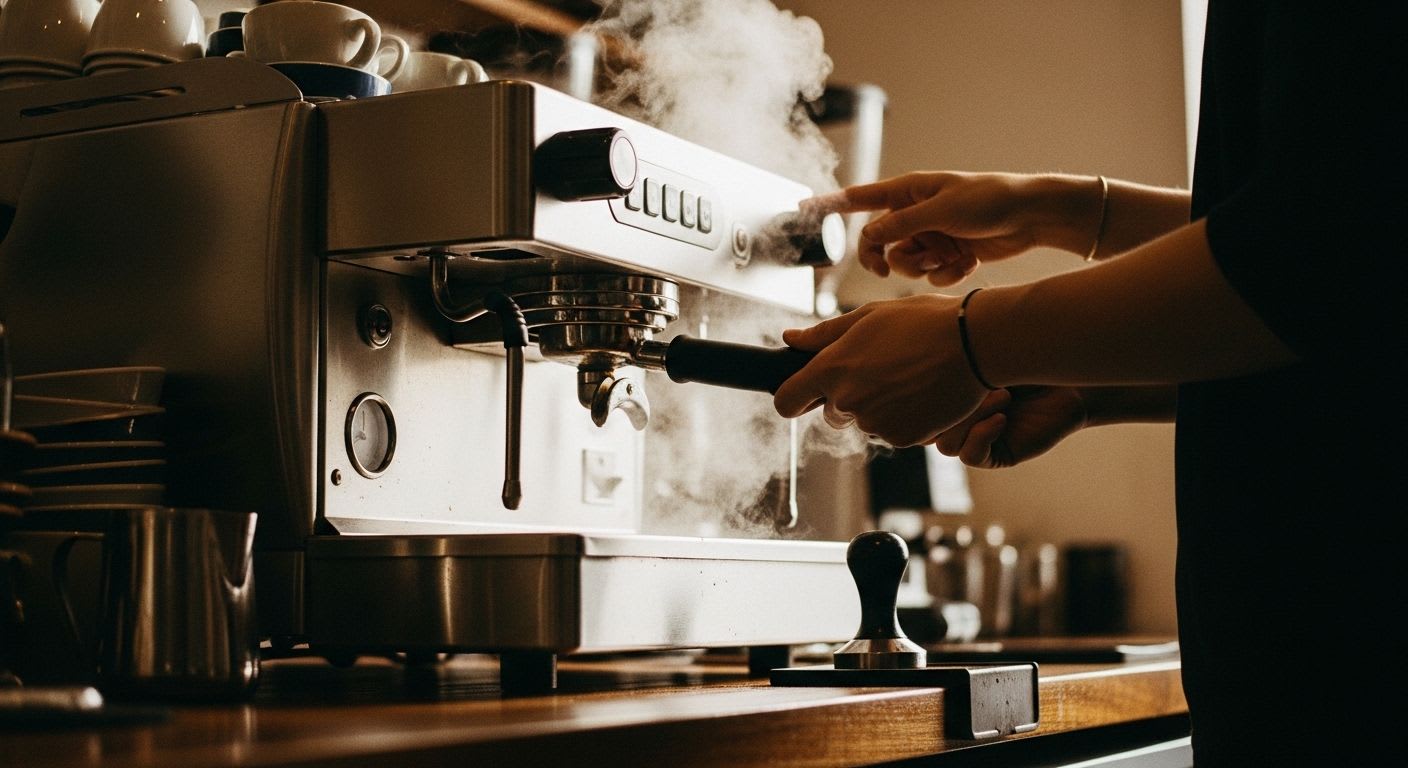 Eine moderne Espressomaschine in Aktion, die die Funktionsweise und Definition von Kaffeemaschinen im Detail erklärt.