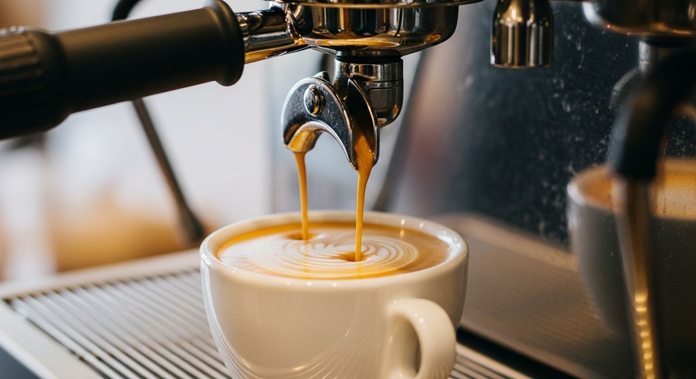 Dampfende Espressomaschine mit goldenem Espresso, der in eine kleine Tasse tropft, zeigt die präzise Zubereitung und Definition von Espresso.