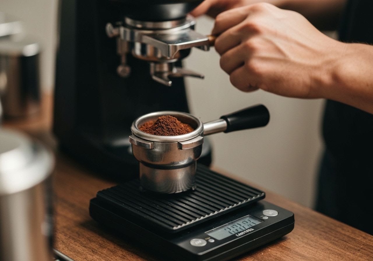 Digitale Kaffeewaage mit Siebträger und feinem Kaffeepulver, im Hintergrund eine Hand, die den Mahlgrad einstellt, essenziell für die Espresso-Zubereitung.