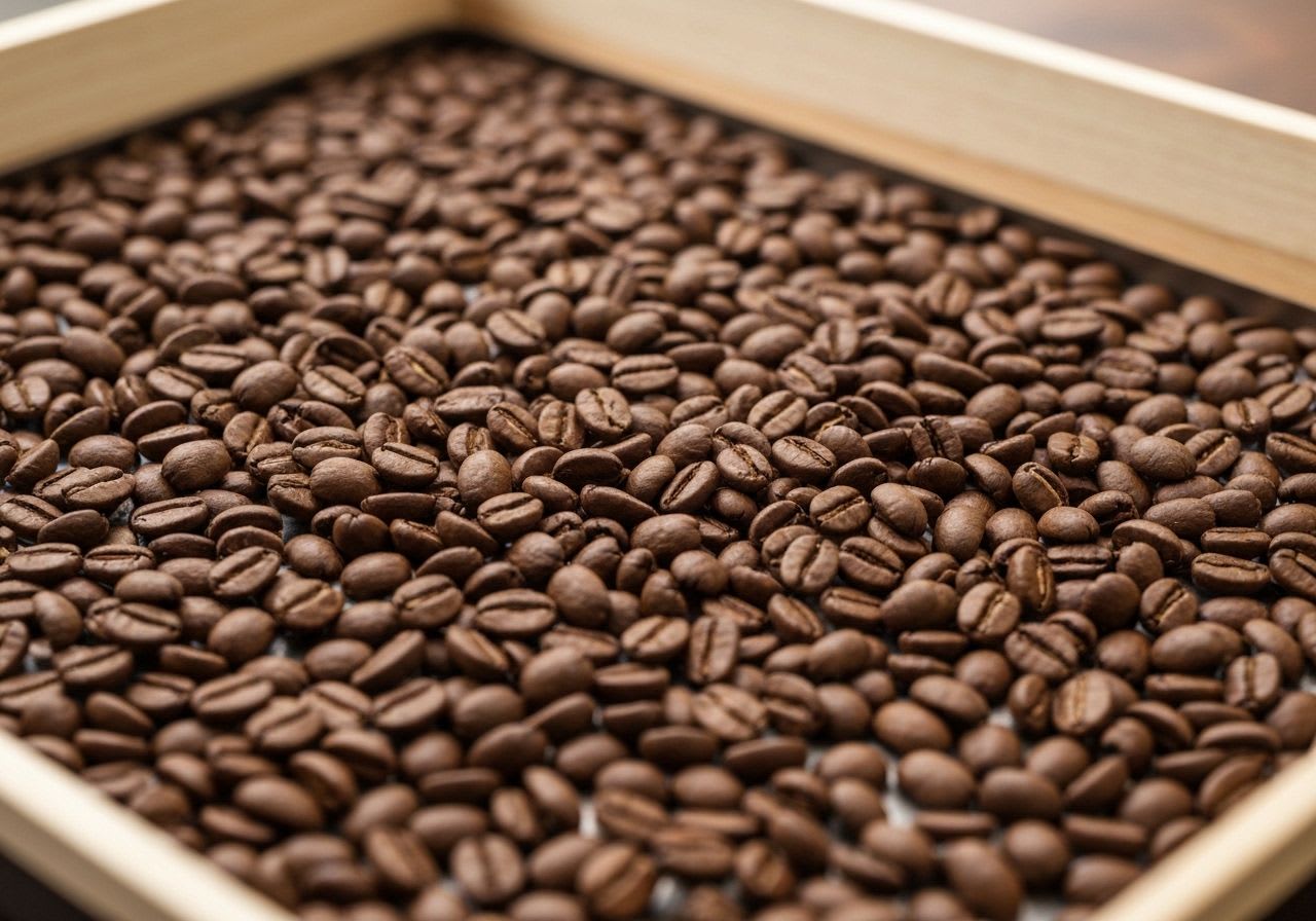 Nahaufnahme frisch gerösteter Kaffeebohnen, die in einem Kühltablett fallen, als Teil der Kaffee-Definition und Erklärung.