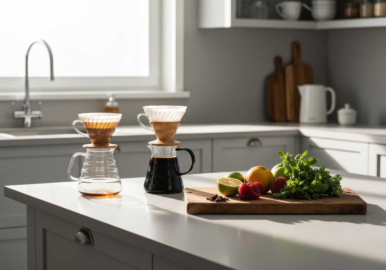 Verschiedene Kaffeezubereitungsmethoden wie French Press, Chemex und Espresso-Maschine, die die Extraktion von Kaffee verdeutlichen.