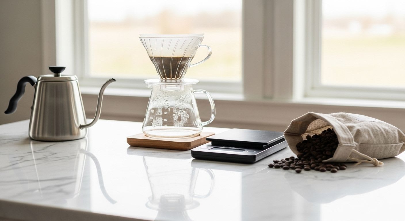 Ein elegantes Brüh-Setup für Specialty Coffee mit Chemex-Karaffe und digitaler Waage, das Präzision und Qualität symbolisiert.