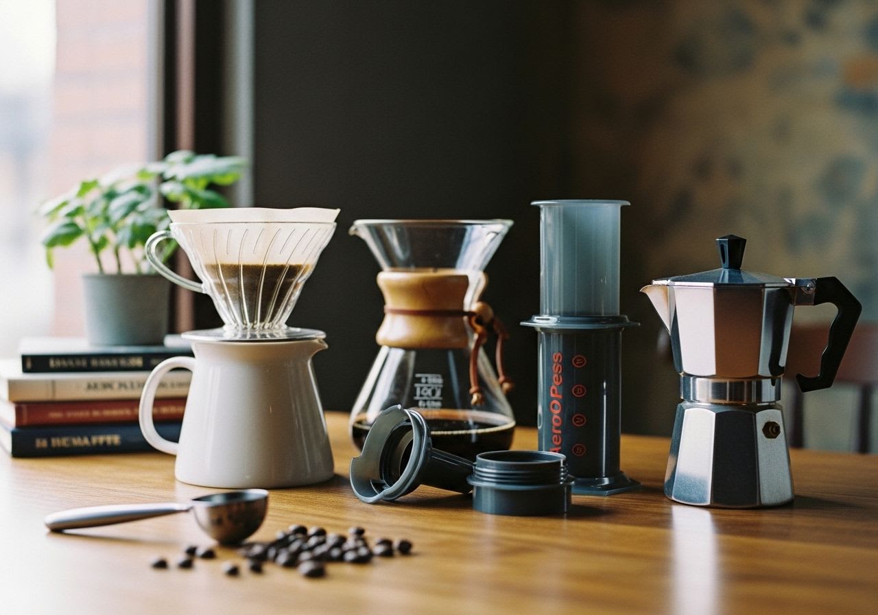 Verschiedene Brühmethoden für Specialty Coffee wie V60, Chemex und AeroPress nebeneinander auf einem Tisch arrangiert.