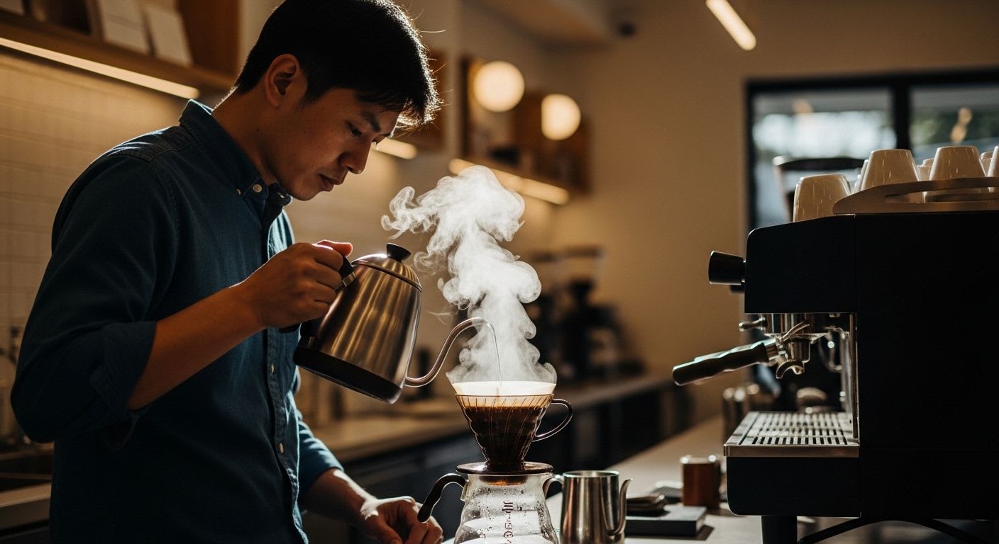 Ein Barista bereitet Specialty Coffee mit einem V60-Handfilter zu, was die handwerkliche Qualität der Dritten Kaffeewelle zeigt.