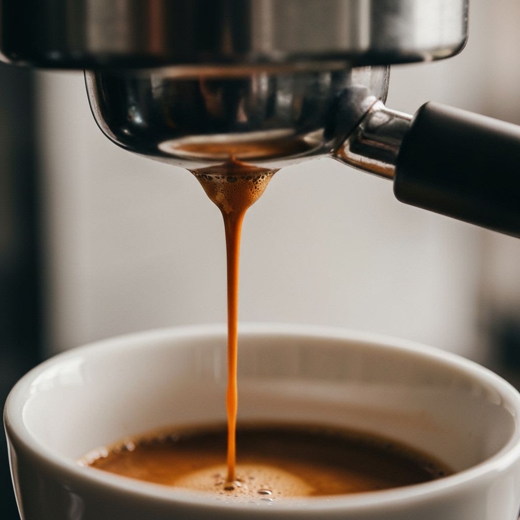 Gleichmäßiger Espresso-Fluss mit goldener Crema in die Tasse, die Hauptphase der Extraktion für perfekte Barista-Techniken.