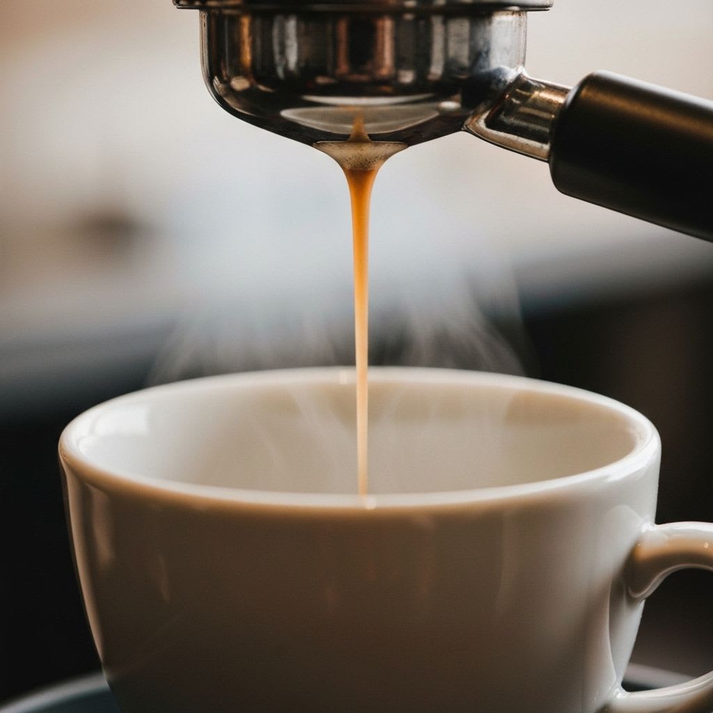 Letzte helle Tropfen des Espressos am Ende der Extraktion, ein Zeichen für die Beherrschung der Barista-Techniken.