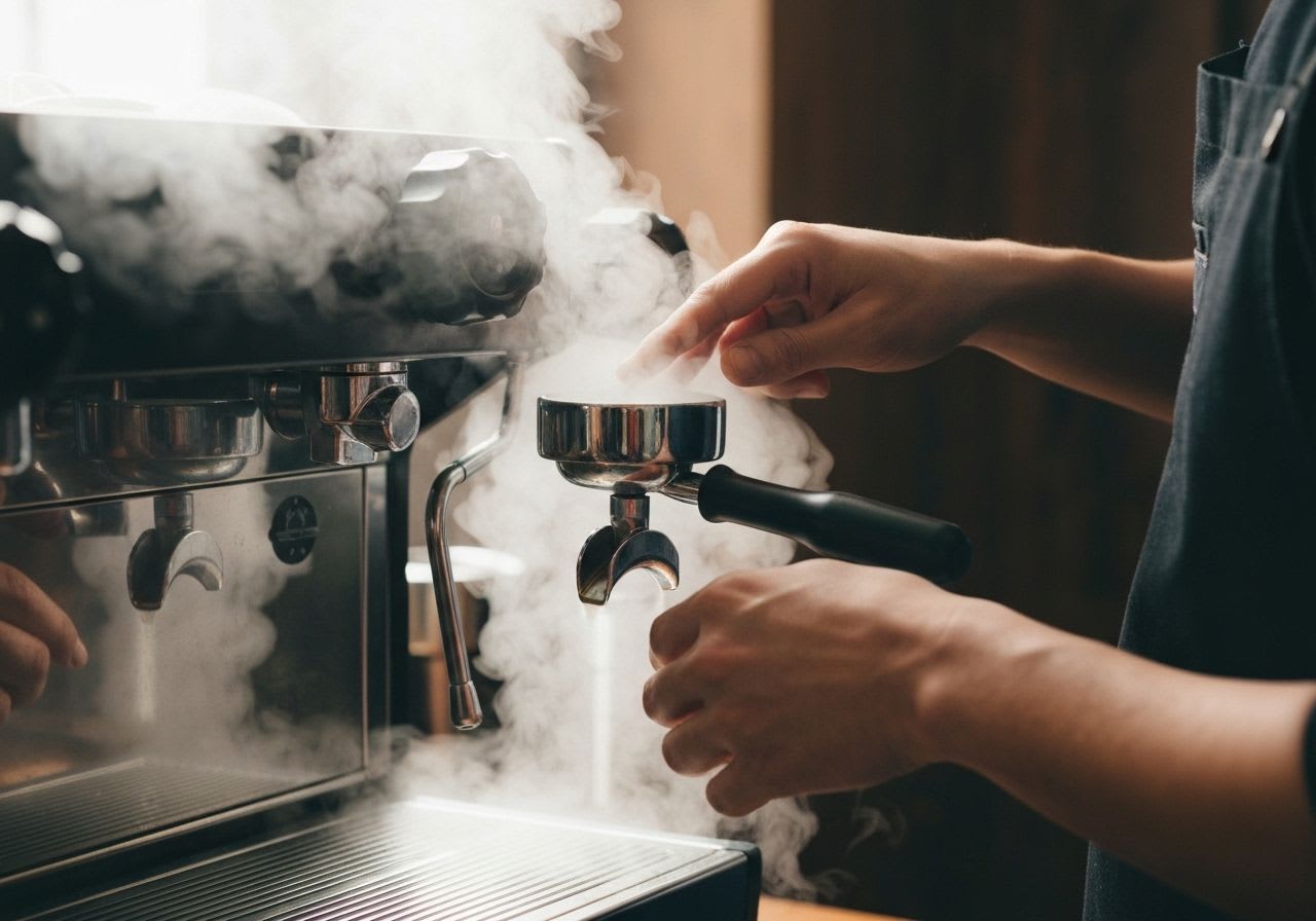 Barista-Hände reinigen sorgfältig den Brühkopf einer Espressomaschine, ein wichtiger Aspekt der Barista-Techniken für perfekten Kaffee.