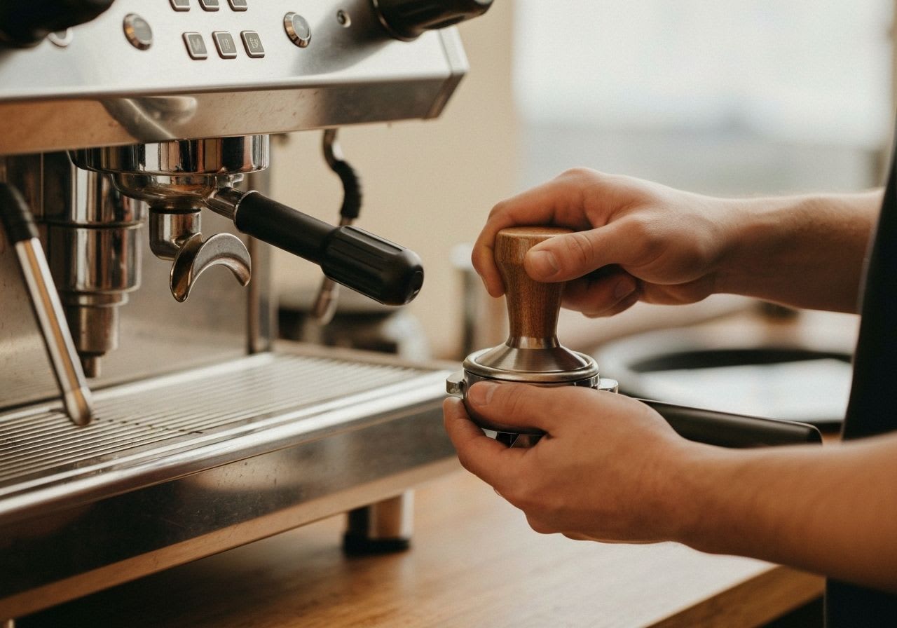 Barista-Hände tampen Kaffeepulver im Siebträger; eine präzise Technik für gleichmäßige Espresso-Extraktion und perfekte Barista-Techniken.