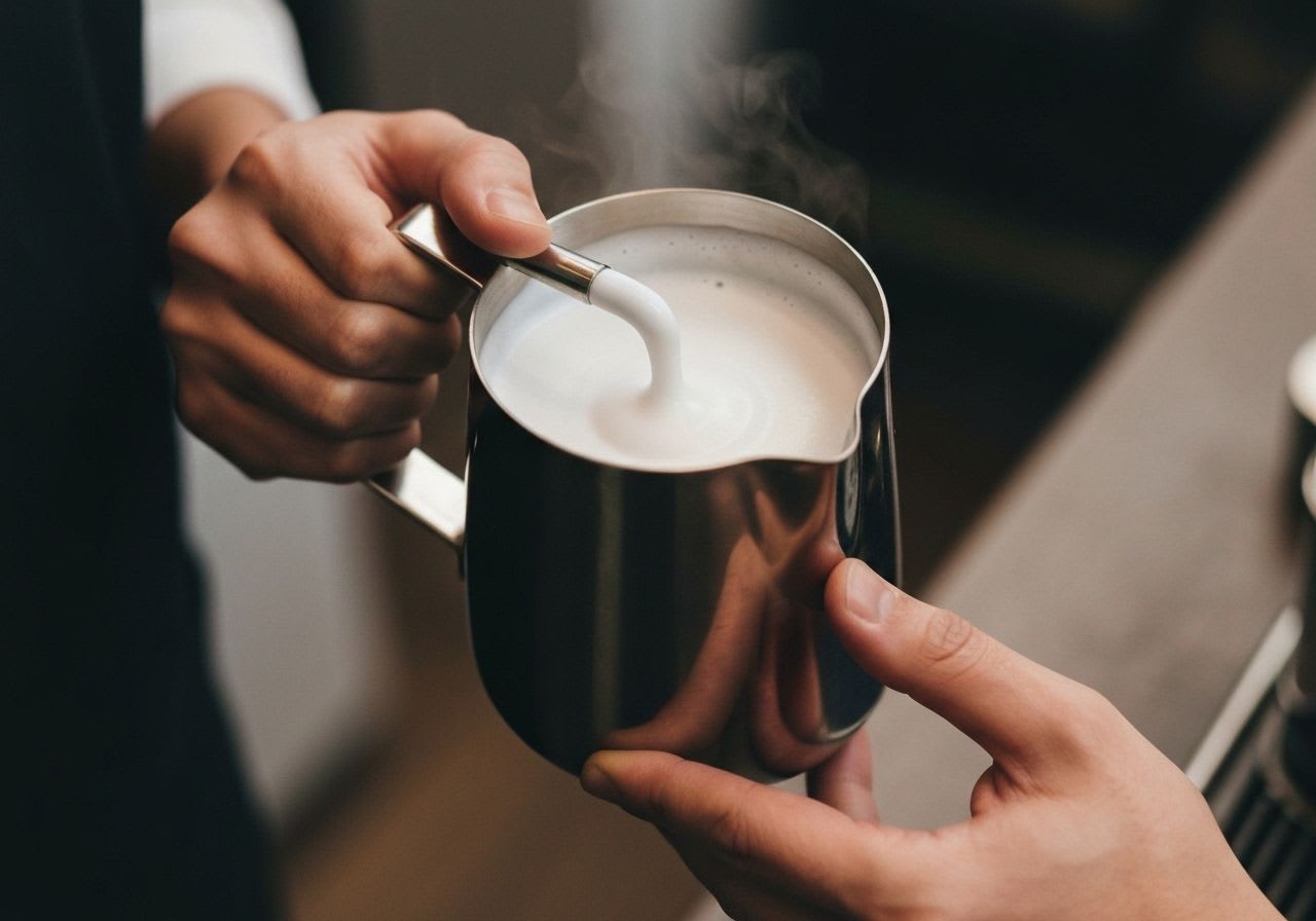 Barista-Hände beim Aufschäumen von Milch im Krug für samtigen Milchschaum und Latte Art, eine der wichtigen Barista-Techniken.