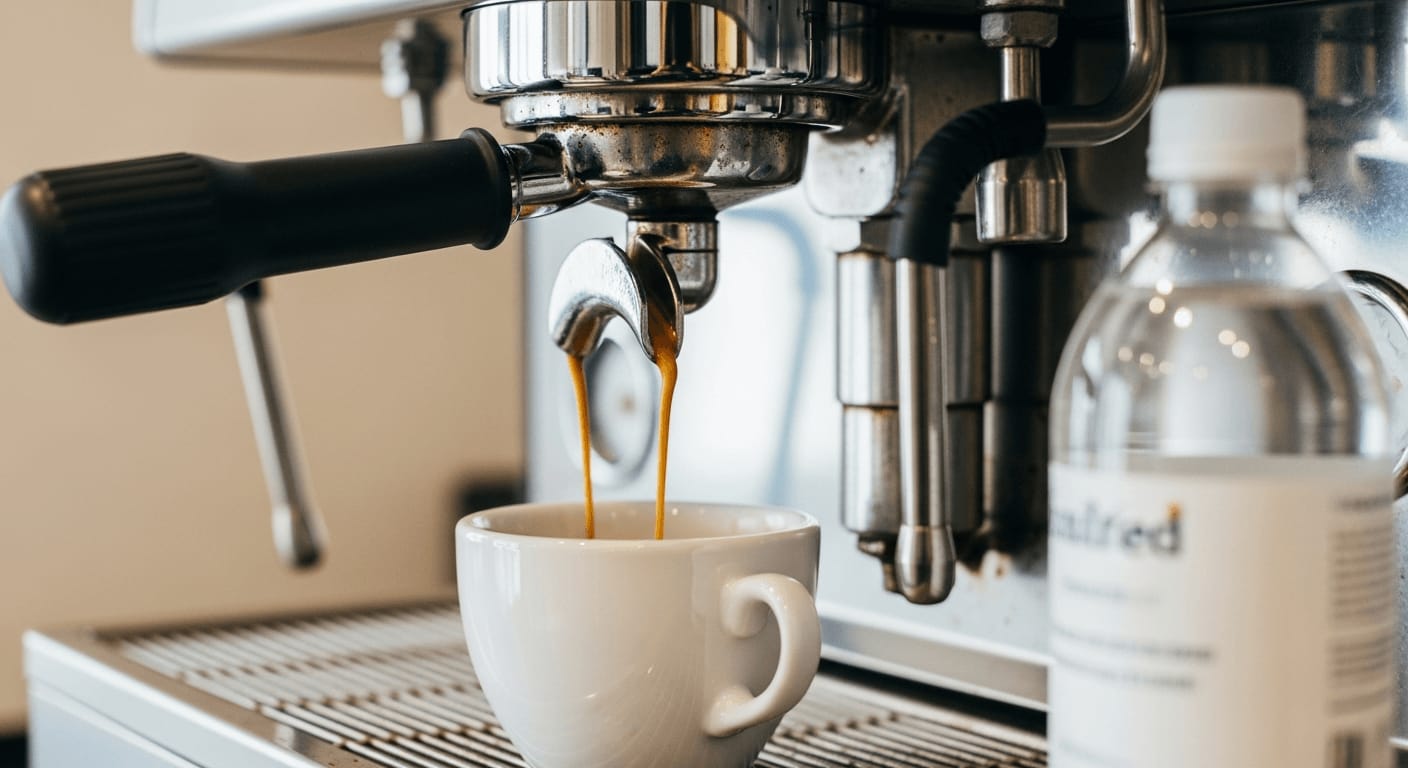 Elegante Chromhebel einer halbautomatischen Espressomaschine, die in eine Tasse ausgibt, Kalkablagerungen um den Brühkopf sichtbar, im Kontrast zu einer Flasche gereinigten Wassers, Seitenlicht