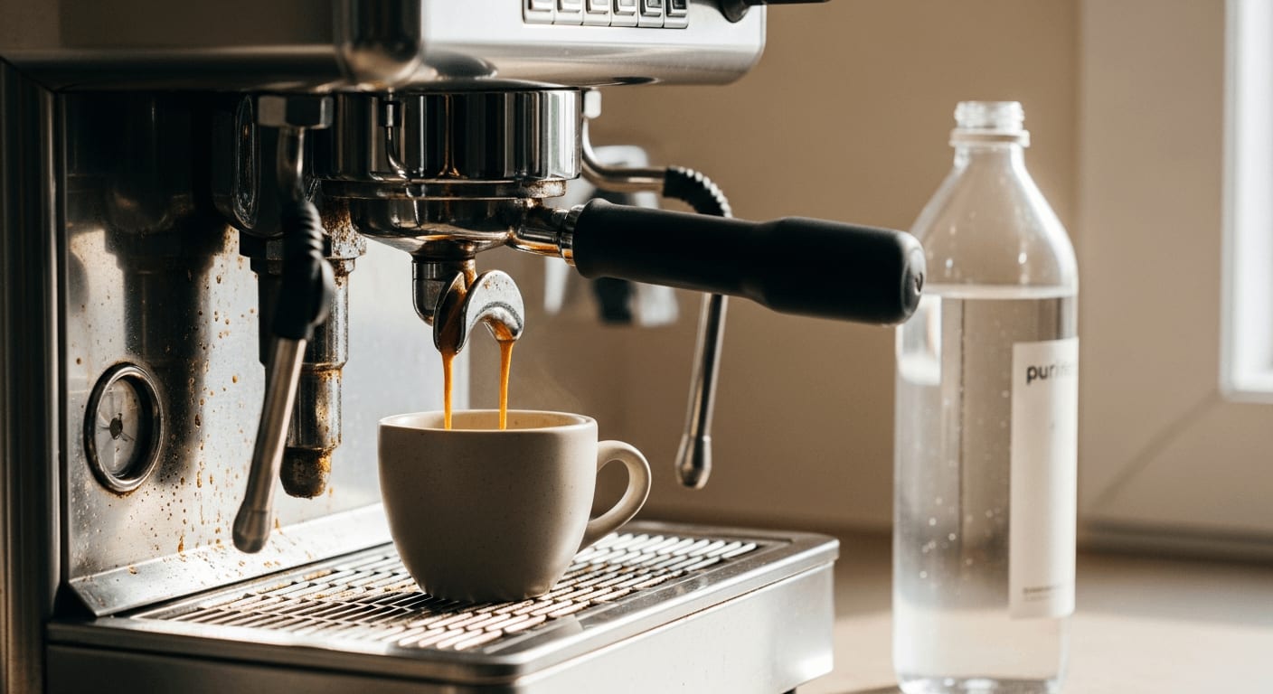 Eleganter Chromhebel einer halbautomatischen Espressomaschine, die Espresso in eine Tasse ausgibt, Kalkablagerungen um den Brühkopf sichtbar, im Kontrast zu einer Flasche gereinigten Wassers, Seitenlicht