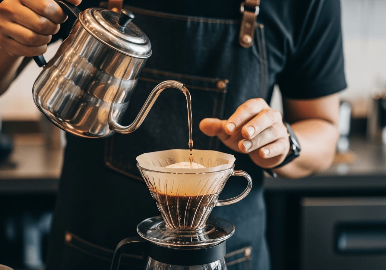 Ein Barista gießt vorsichtig Kaffee aus einem V60-Filter, Nahaufnahme der Kaffeeblüte