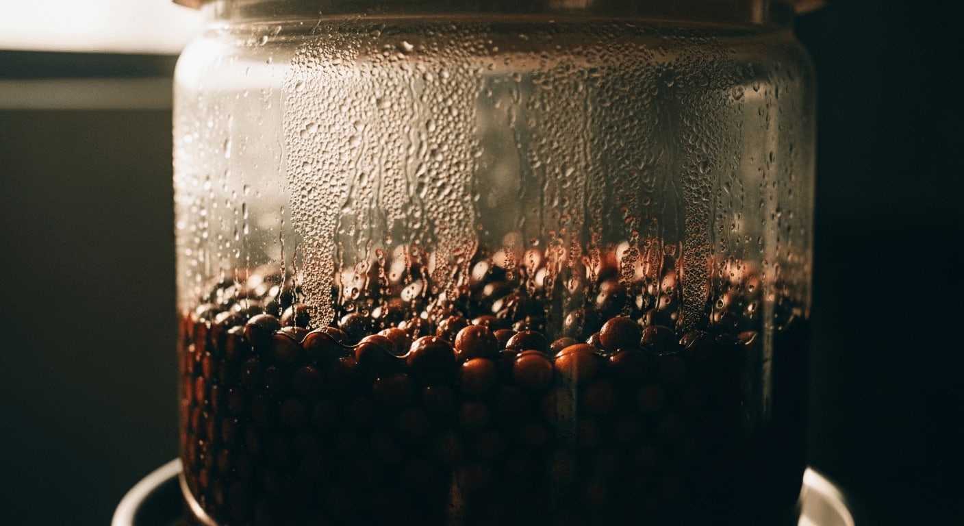 Kaffeekirschen fermentieren in einem versiegelten Behälter, Kondensation sichtbar, stimmungsvolle Beleuchtung