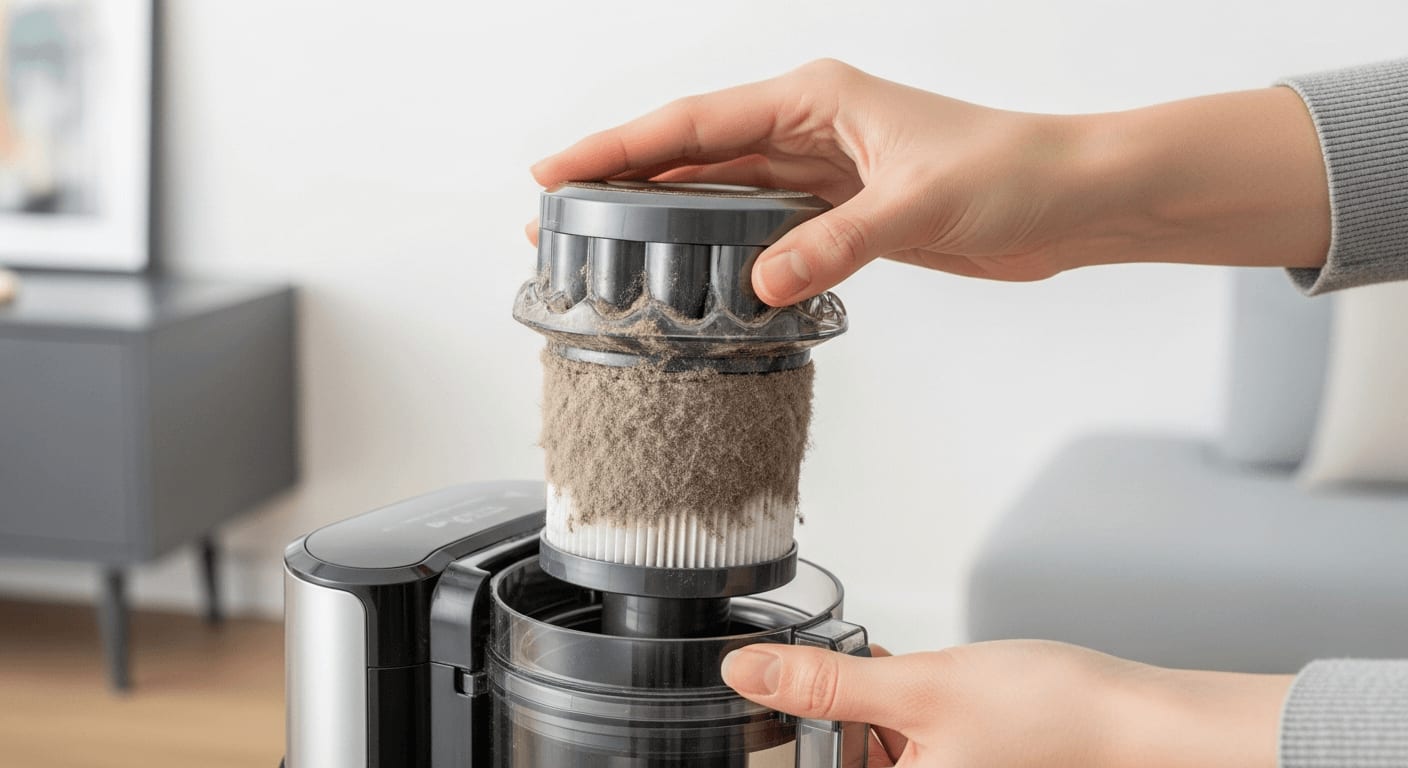Stark verschmutzter Filter wird bei der Pflege aus dem Staubbehälter des Akku-Handstaubsaugers gezogen.