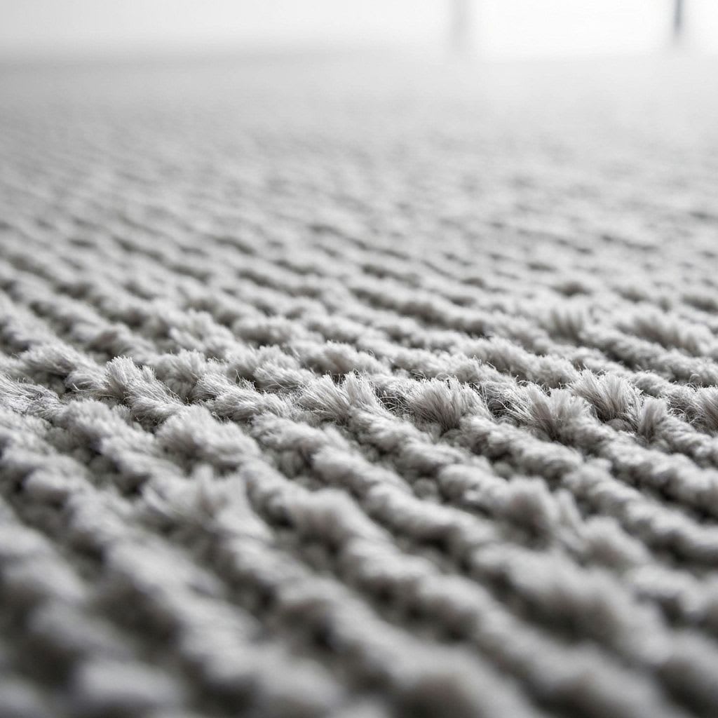 Makroaufnahme von perfekt aufgefrischten, sauberen Teppichfasern, die die Frische nach gründlicher Teppich-Bodenpflege betonen.
