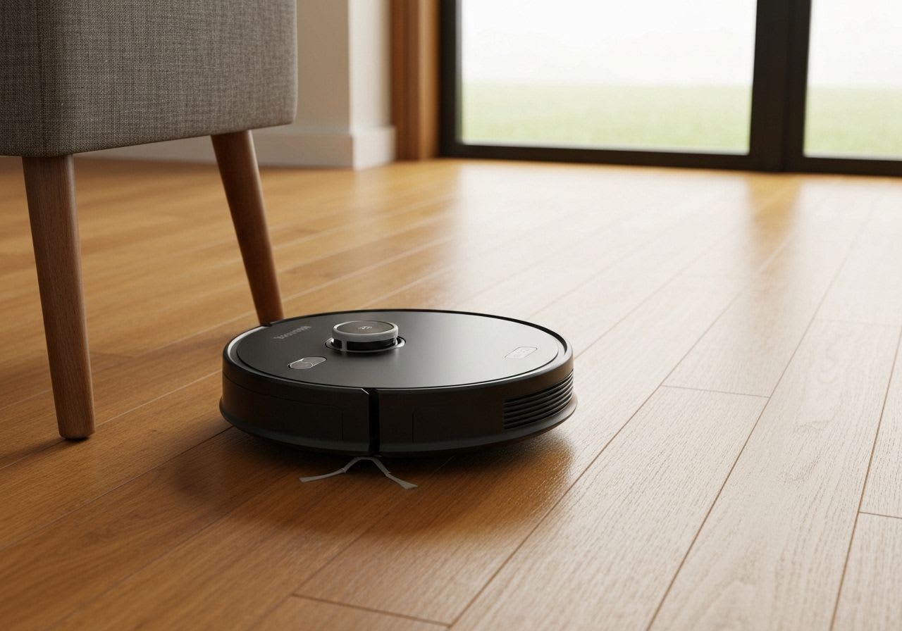 Ein Saugroboter mit LiDAR-Sensor reinigt präzise einen Hartholzboden im Wohnzimmer, demonstrierend die trockene Bodenpflege.
