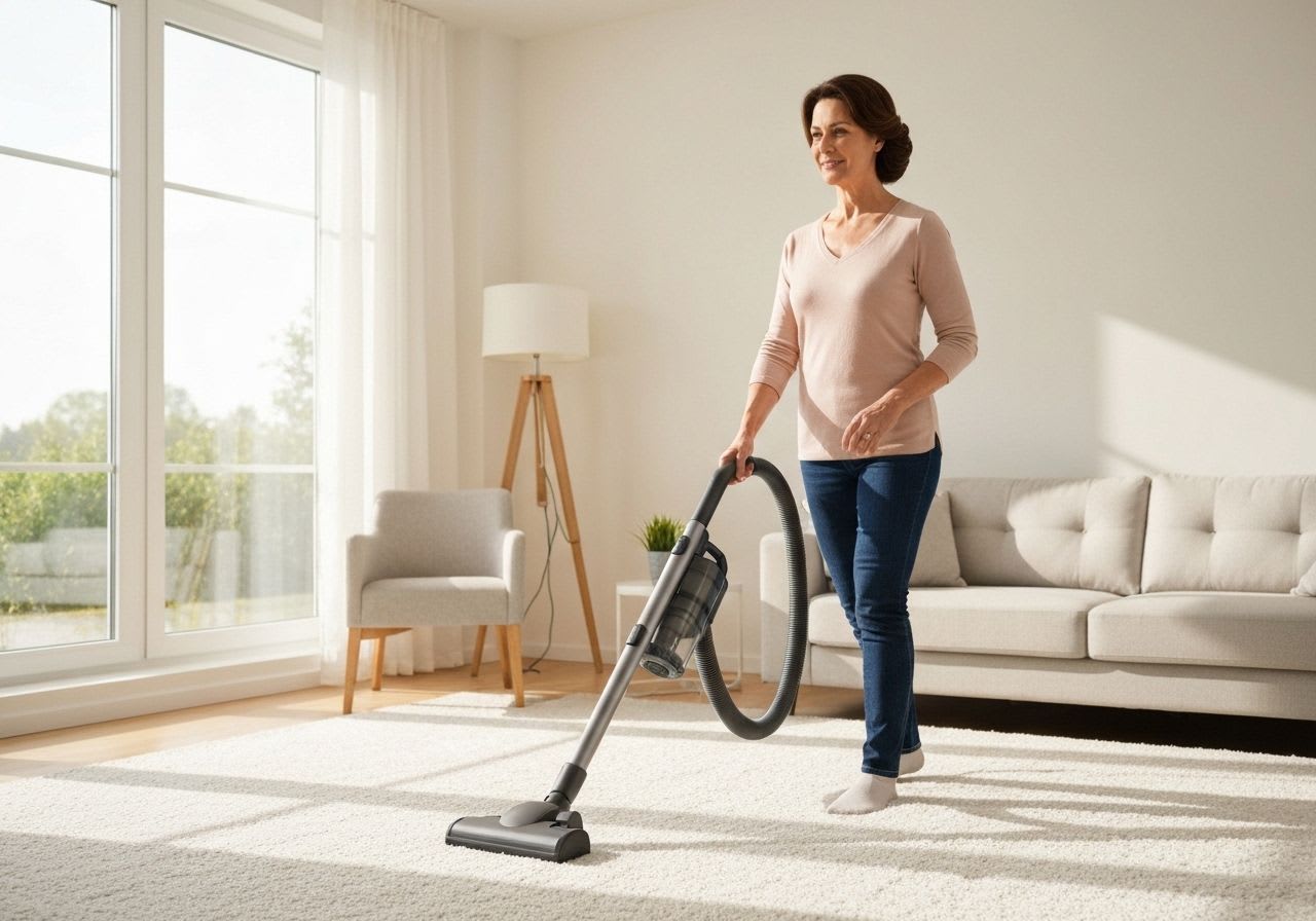 Eine Person saugt sorgfältig einen hellen Teppich mit einem leistungsstarken Bodenstaubsauger, wichtig für effektive Teppich-Bodenpflege.