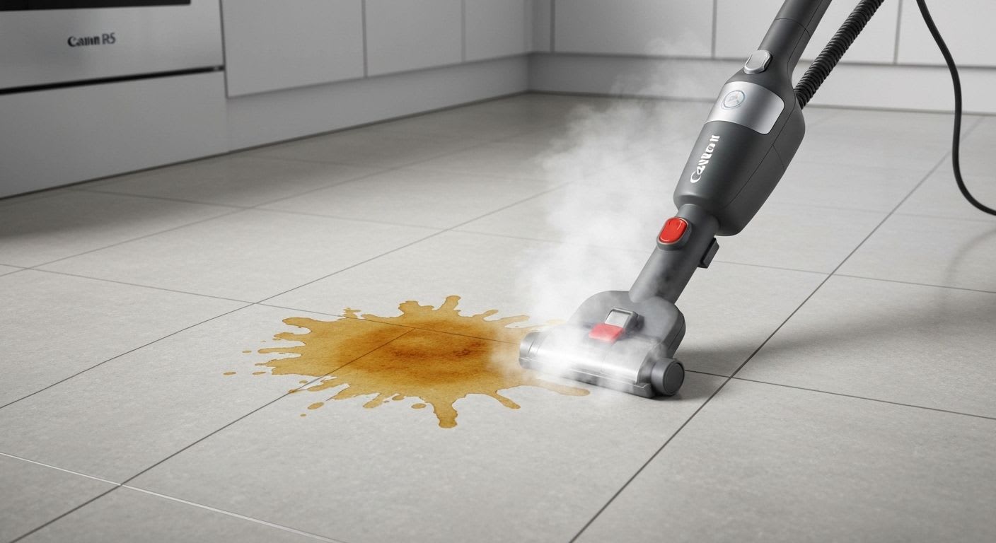 Nahaufnahme einer Person, die einen Dampfreiniger auf einem hartnäckigen Fleck auf einem Küchenfliesenboden verwendet, für eine effektive Tiefenreinigung.